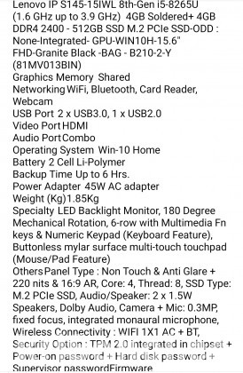 Lenovo IdeaPad S145-15IWL 8th-Gen i5-8265U - Granite Black
